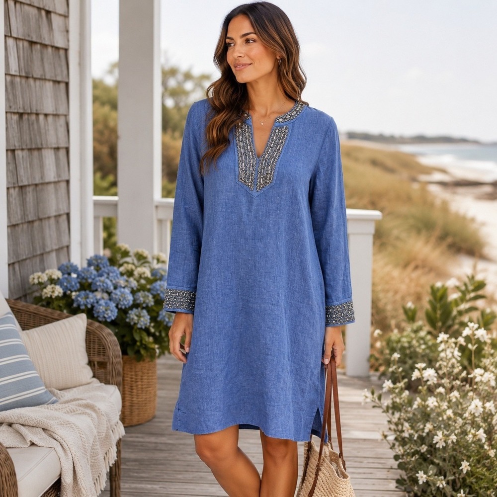 Chicos Blue Linen Blend Beaded Split Neck Shift Dress Pockets Size 1 US 8/10
